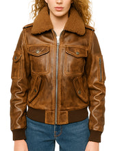 Stylish Brown Leather Bomber Jacket With Fur Collar